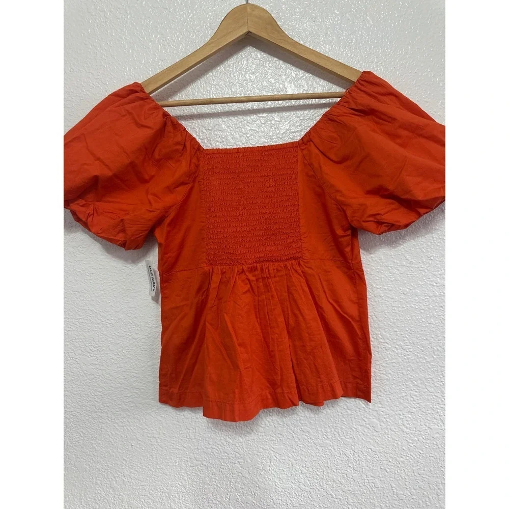 NWT Old Navy Womens Orange Puff Sleeve Smocked Back Square Neck Blouse Top Med